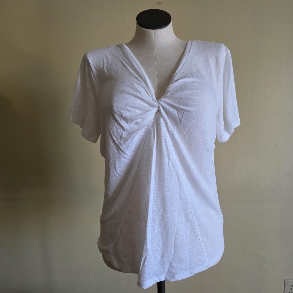 White V-neck Front Twist Linen Blend T-Shirt | A New Day - Lightweight Casual - Picture 1 of 6